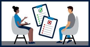 A social worker talks to a client with lists of dos and don’ts in the space between them.